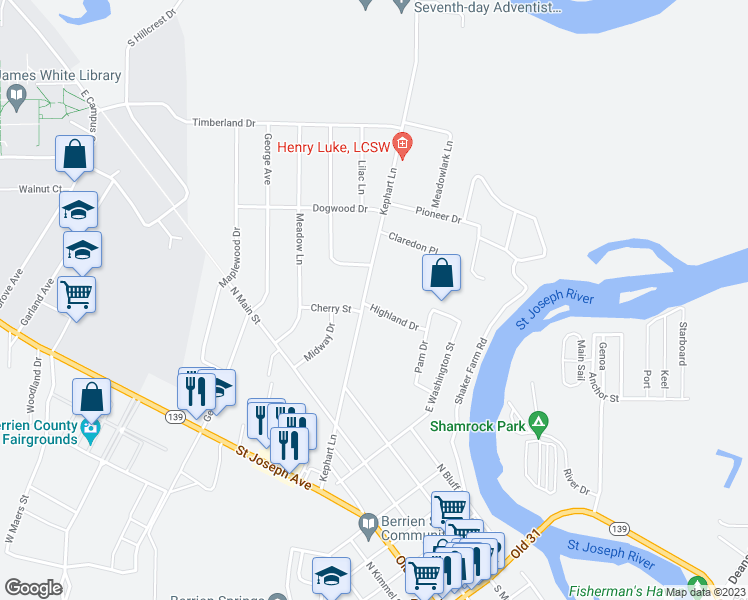 map of restaurants, bars, coffee shops, grocery stores, and more near 8975 Kephart Lane in Berrien Springs