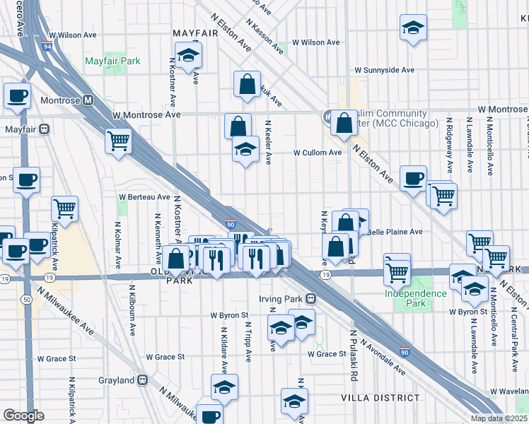 map of restaurants, bars, coffee shops, grocery stores, and more near 4132 North Keeler Avenue in Chicago