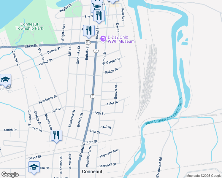 map of restaurants, bars, coffee shops, grocery stores, and more near 164 River St in Conneaut