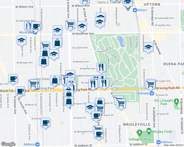 map of restaurants, bars, coffee shops, grocery stores, and more near 1420 West Belle Plaine Avenue in Chicago