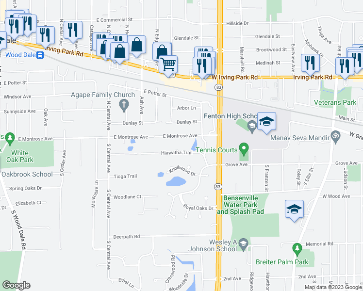 map of restaurants, bars, coffee shops, grocery stores, and more near 467 Hiawatha Trail in Wood Dale