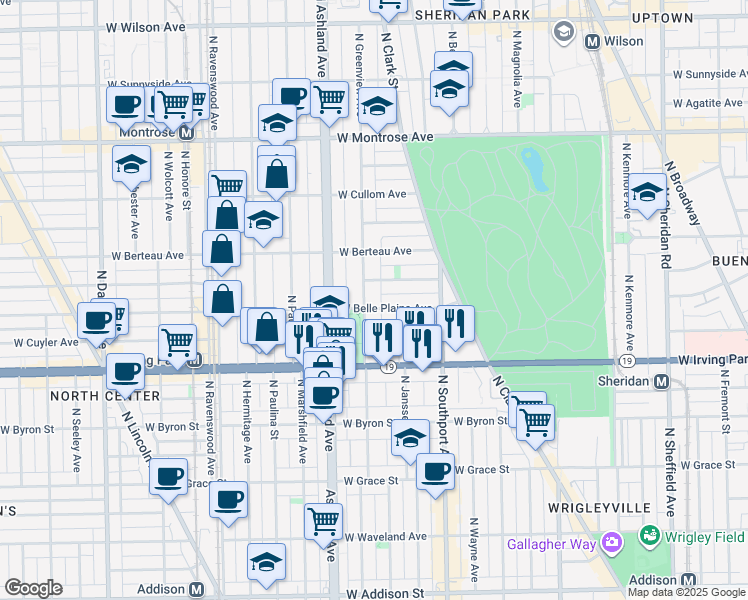 map of restaurants, bars, coffee shops, grocery stores, and more near 4107 North Greenview Avenue in Chicago