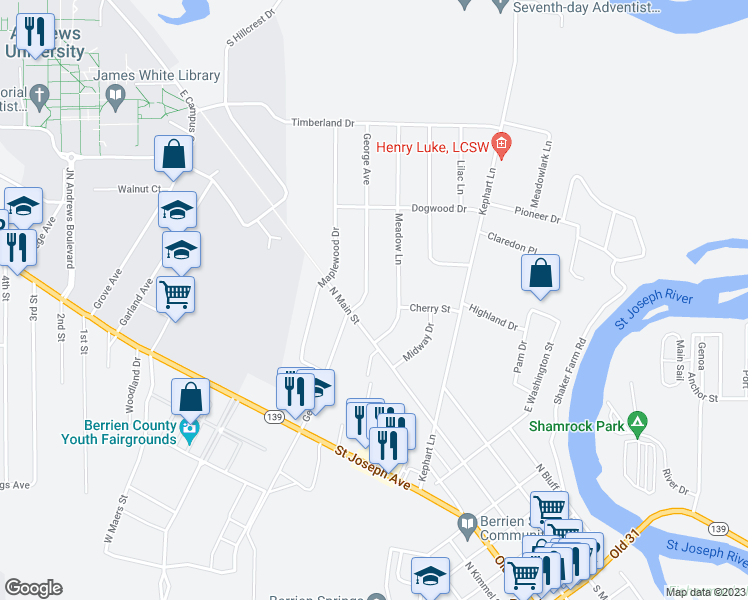 map of restaurants, bars, coffee shops, grocery stores, and more near 8959 George Avenue in Berrien Springs