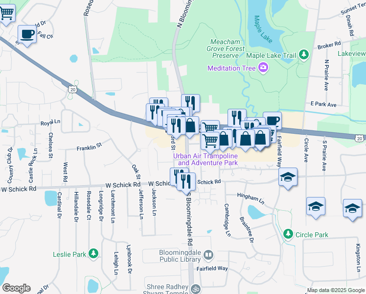 map of restaurants, bars, coffee shops, grocery stores, and more near 112 South Bloomingdale Road in Bloomingdale