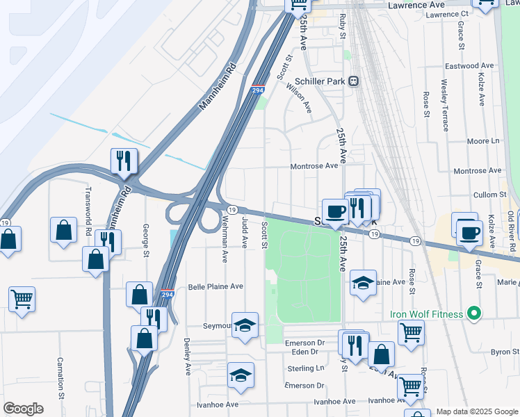 map of restaurants, bars, coffee shops, grocery stores, and more near 10008 Irving Park Road in Schiller Park