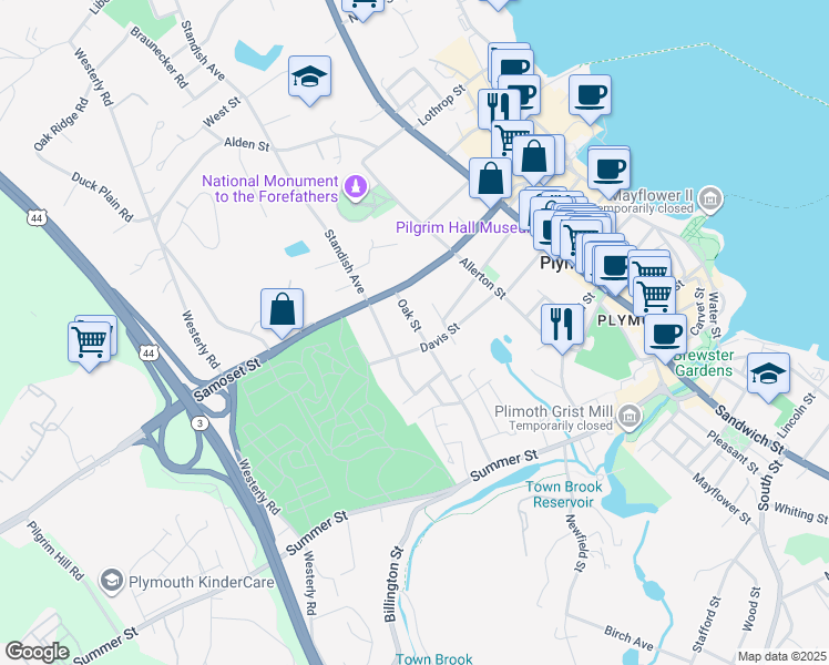map of restaurants, bars, coffee shops, grocery stores, and more near 68 Oak Street in Plymouth
