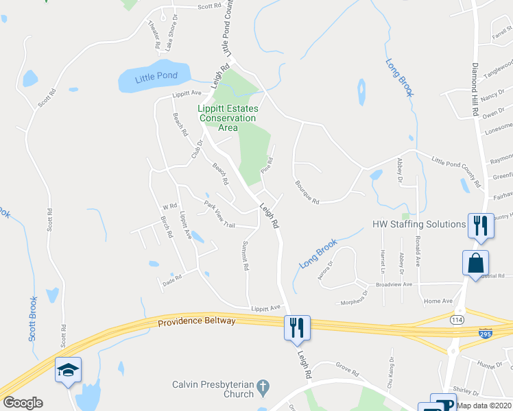 map of restaurants, bars, coffee shops, grocery stores, and more near 172 Leigh Road in Cumberland