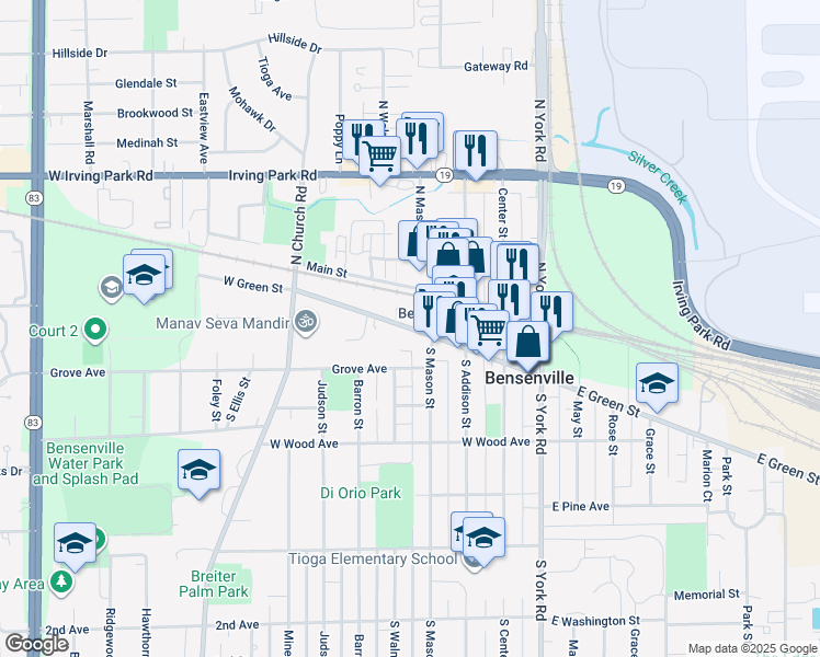 map of restaurants, bars, coffee shops, grocery stores, and more near 320 W Green St in Bensenville