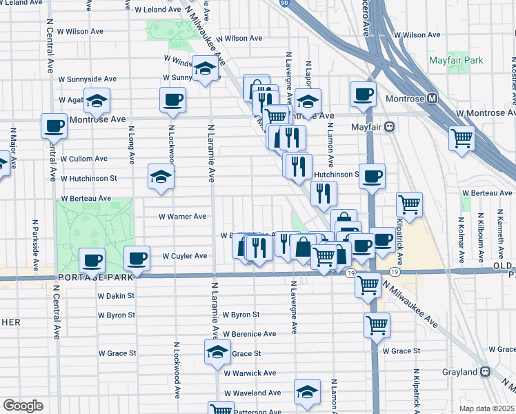 map of restaurants, bars, coffee shops, grocery stores, and more near 4143 North Leclaire Avenue in Chicago