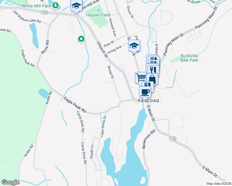 map of restaurants, bars, coffee shops, grocery stores, and more near 40 Broad Street in Burrillville