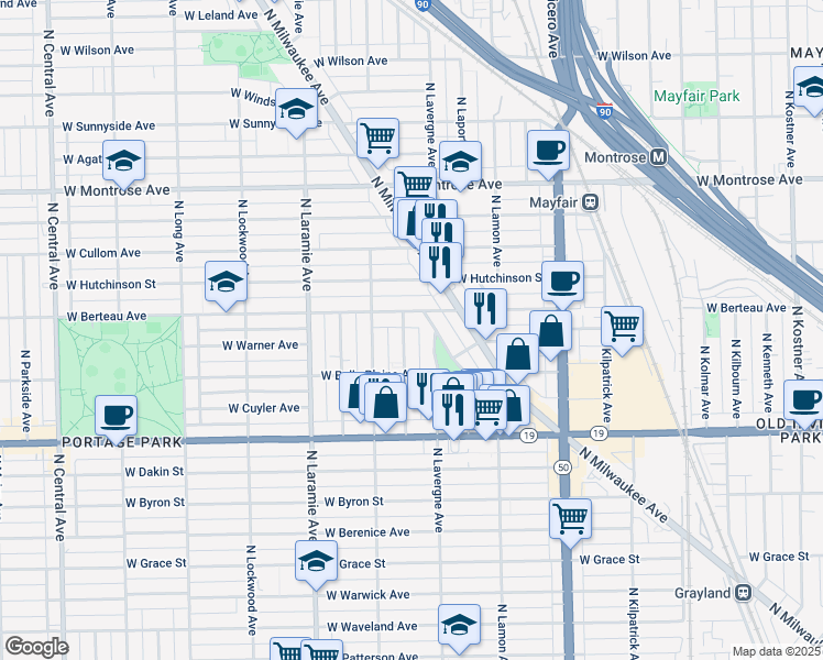 map of restaurants, bars, coffee shops, grocery stores, and more near 4141 North Lawler Avenue in Chicago
