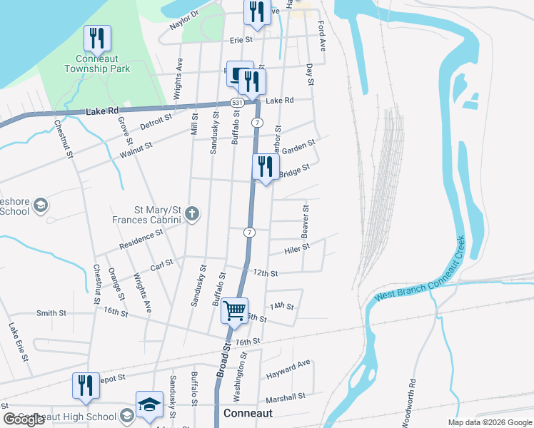 map of restaurants, bars, coffee shops, grocery stores, and more near 675 Harbor Street in Conneaut