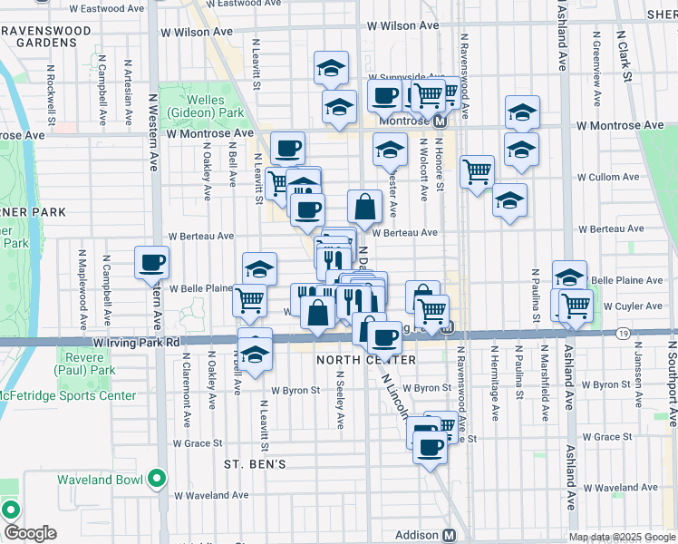 map of restaurants, bars, coffee shops, grocery stores, and more near 4113 North Lincoln Avenue in Chicago