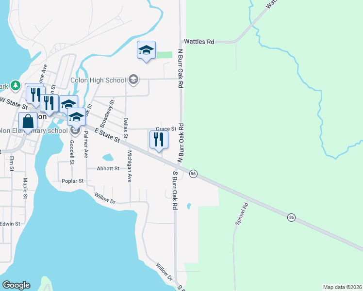 map of restaurants, bars, coffee shops, grocery stores, and more near 511 North Burr Oak Road in Colon