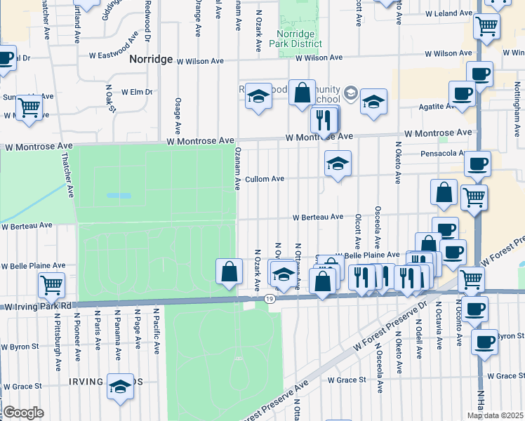 map of restaurants, bars, coffee shops, grocery stores, and more near 4211 North Ozark Avenue in Norridge