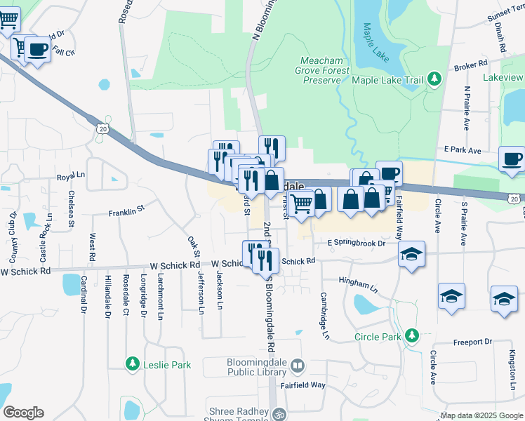 map of restaurants, bars, coffee shops, grocery stores, and more near 112 South Bloomingdale Road in Bloomingdale