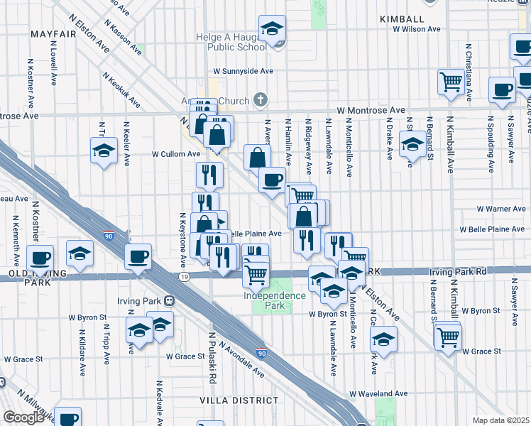 map of restaurants, bars, coffee shops, grocery stores, and more near 4130 North Avers Avenue in Chicago