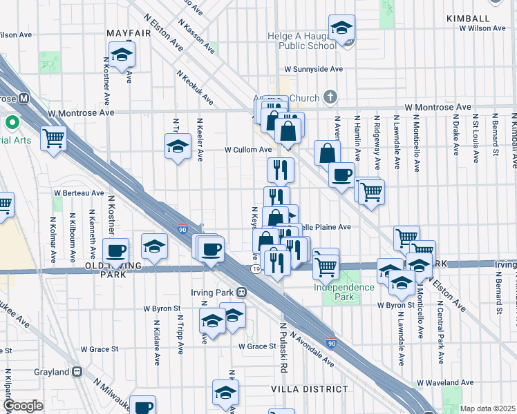 map of restaurants, bars, coffee shops, grocery stores, and more near 4135 North Keystone Avenue in Chicago