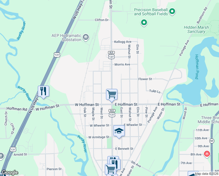 map of restaurants, bars, coffee shops, grocery stores, and more near 906 North Main Street in Three Rivers
