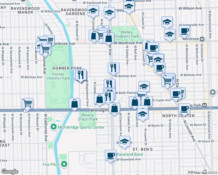 map of restaurants, bars, coffee shops, grocery stores, and more near 4121 North Western Avenue in Chicago