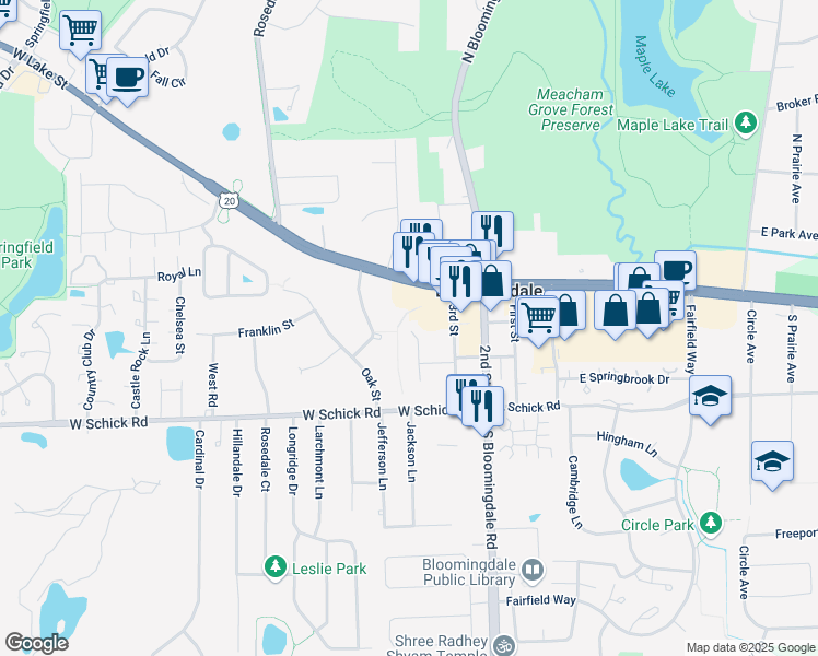 map of restaurants, bars, coffee shops, grocery stores, and more near 123 South Maple Avenue in Bloomingdale