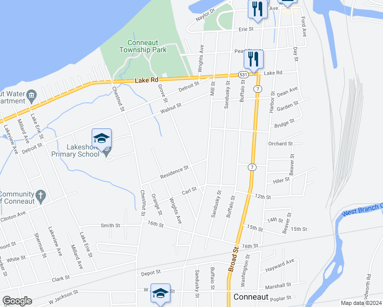 map of restaurants, bars, coffee shops, grocery stores, and more near 742 Grove Street in Conneaut