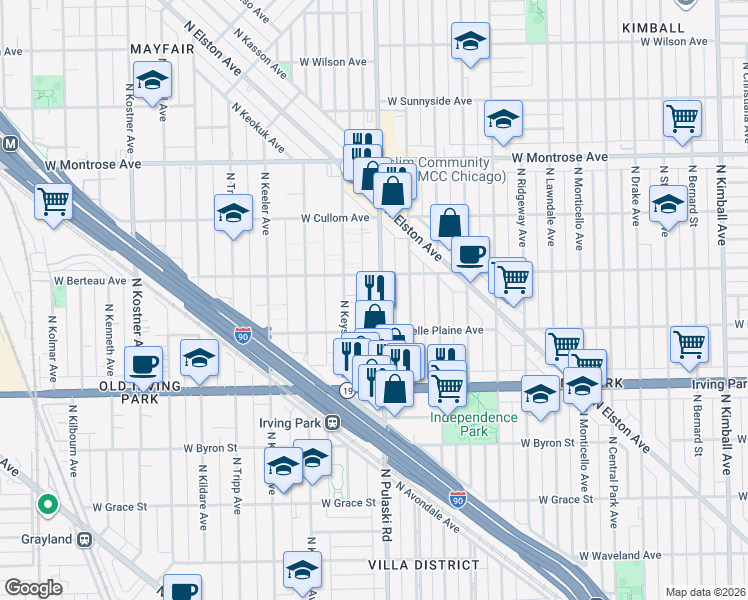 map of restaurants, bars, coffee shops, grocery stores, and more near 4133 North Pulaski Road in Chicago