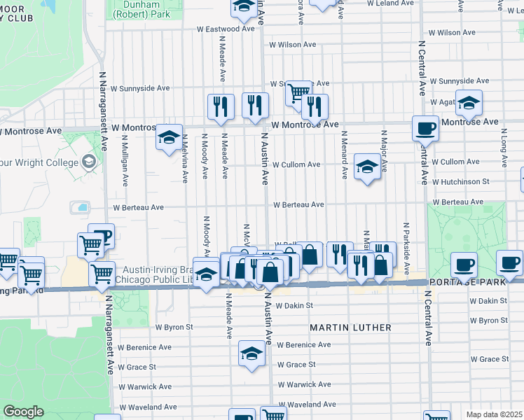 map of restaurants, bars, coffee shops, grocery stores, and more near 4154 North Austin Avenue in Chicago