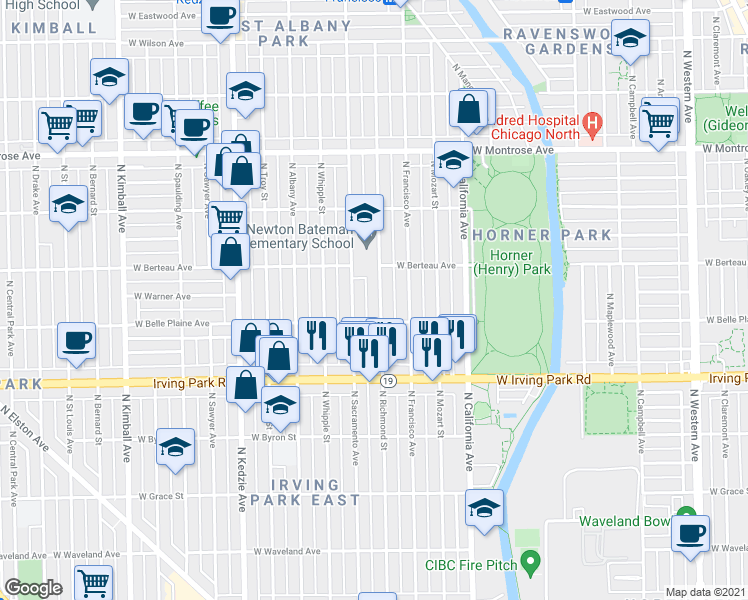 map of restaurants, bars, coffee shops, grocery stores, and more near 4122 North Richmond Street in Chicago