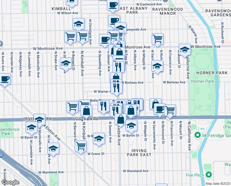 map of restaurants, bars, coffee shops, grocery stores, and more near 4125 North Kedzie Avenue in Chicago