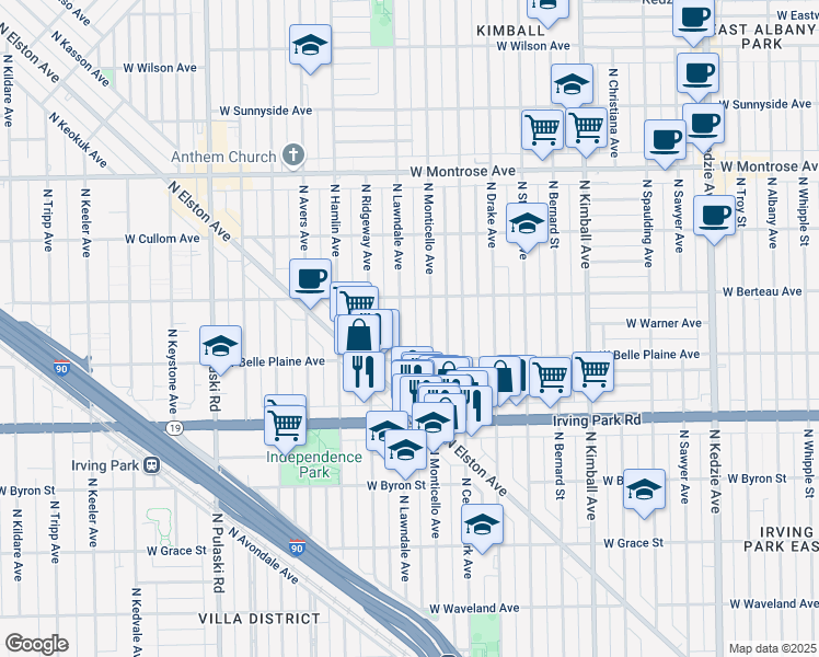 map of restaurants, bars, coffee shops, grocery stores, and more near 4129 North Lawndale Avenue in Chicago