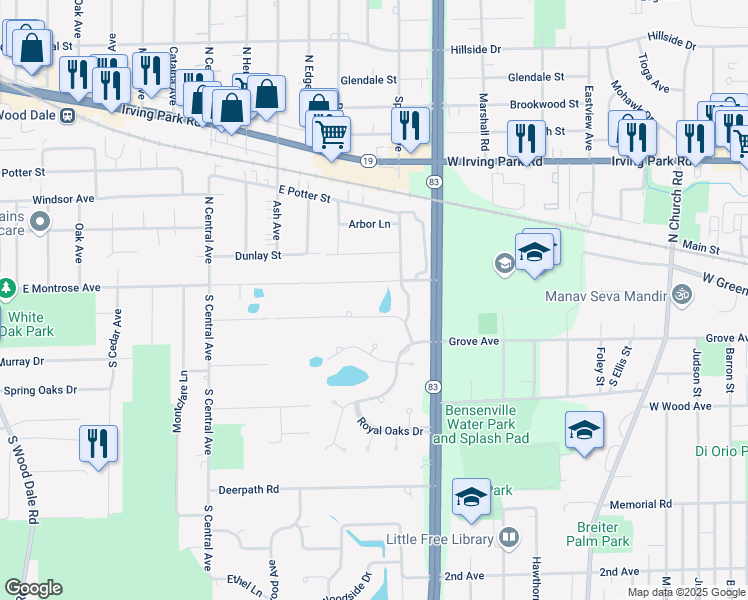 map of restaurants, bars, coffee shops, grocery stores, and more near 450 East Montrose Avenue in Wood Dale