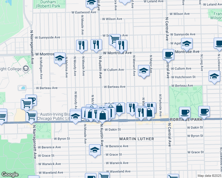 map of restaurants, bars, coffee shops, grocery stores, and more near 4155 North Mason Avenue in Chicago