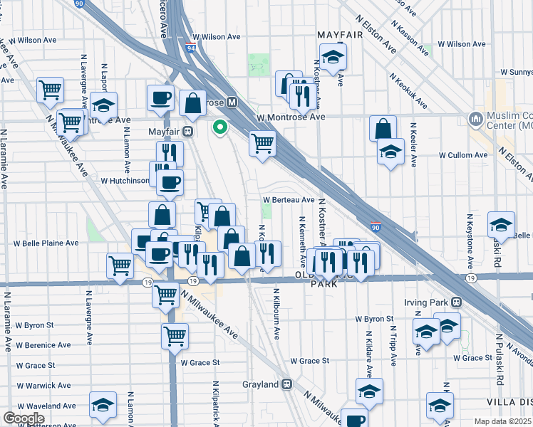 map of restaurants, bars, coffee shops, grocery stores, and more near 4143 North Kolmar Avenue in Chicago