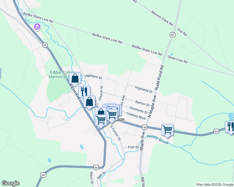 map of restaurants, bars, coffee shops, grocery stores, and more near 15 Barton Street in Millerton