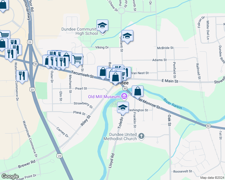 map of restaurants, bars, coffee shops, grocery stores, and more near 604 Pearl Street in Dundee