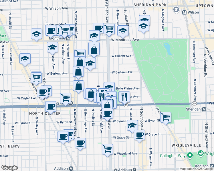 map of restaurants, bars, coffee shops, grocery stores, and more near 4109 North Ashland Avenue in Chicago
