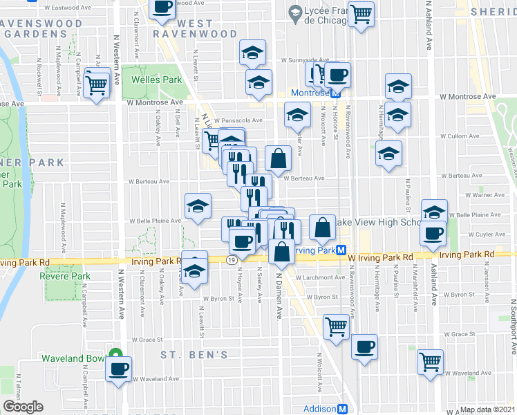 map of restaurants, bars, coffee shops, grocery stores, and more near 2019 West Warner Avenue in Chicago
