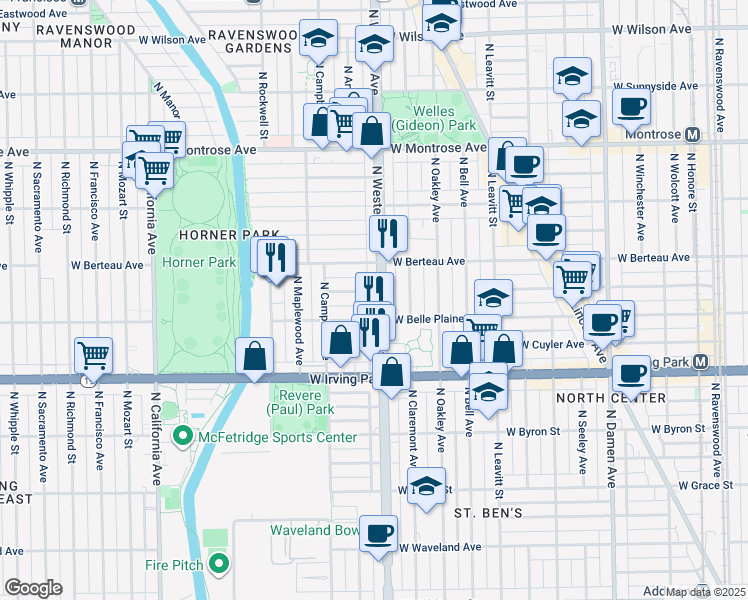 map of restaurants, bars, coffee shops, grocery stores, and more near 4121 North Western Avenue in Chicago