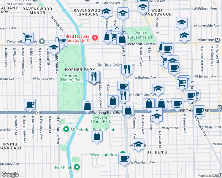 map of restaurants, bars, coffee shops, grocery stores, and more near 2435 West Warner Avenue in Chicago
