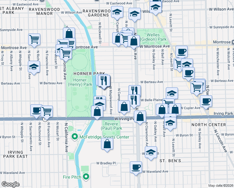 map of restaurants, bars, coffee shops, grocery stores, and more near 4120 North Campbell Avenue in Chicago