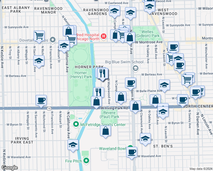 map of restaurants, bars, coffee shops, grocery stores, and more near 4085 North Rockwell Street in Chicago