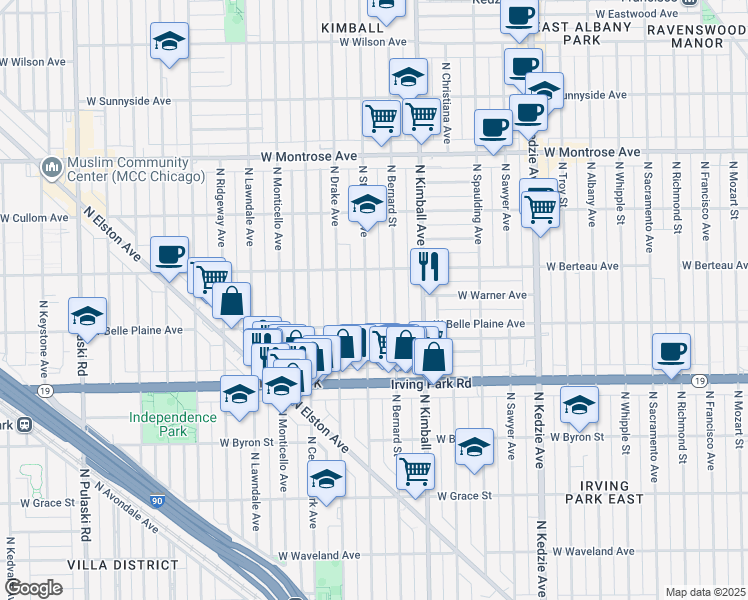map of restaurants, bars, coffee shops, grocery stores, and more near 4124 North Saint Louis Avenue in Chicago