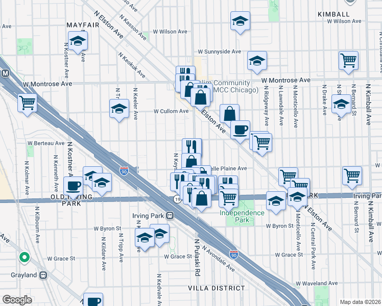 map of restaurants, bars, coffee shops, grocery stores, and more near 4133 North Pulaski Road in Chicago