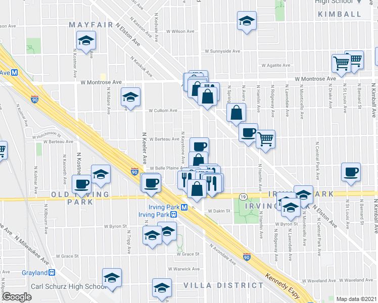 map of restaurants, bars, coffee shops, grocery stores, and more near 4135 North Keystone Avenue in Chicago