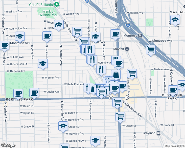 map of restaurants, bars, coffee shops, grocery stores, and more near 4156 North Milwaukee Avenue in Chicago