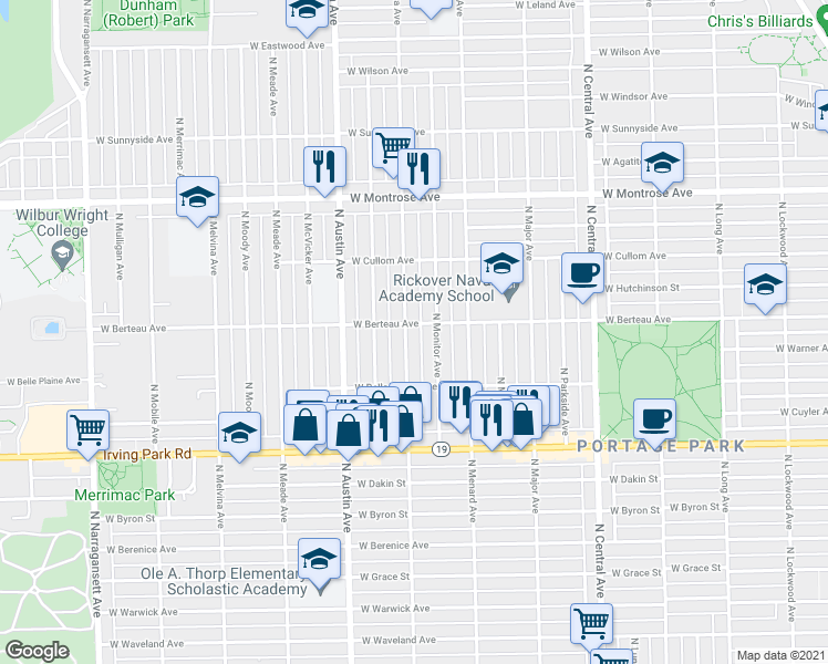 map of restaurants, bars, coffee shops, grocery stores, and more near 4155 North Marmora Avenue in Chicago