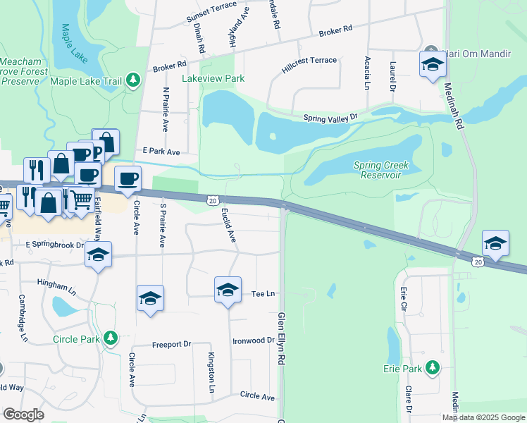 map of restaurants, bars, coffee shops, grocery stores, and more near 258 East Lake Street in Bloomingdale