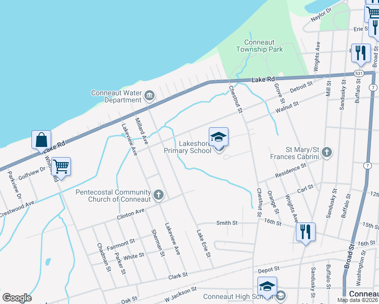 map of restaurants, bars, coffee shops, grocery stores, and more near 749 Cricket Avenue in Conneaut