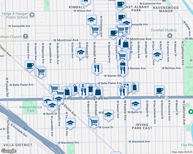 map of restaurants, bars, coffee shops, grocery stores, and more near 4125 North Kimball Avenue in Chicago